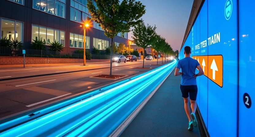 Dynamic illustration of a fitness path rerouting in The Hague with energy waves in teal and blue