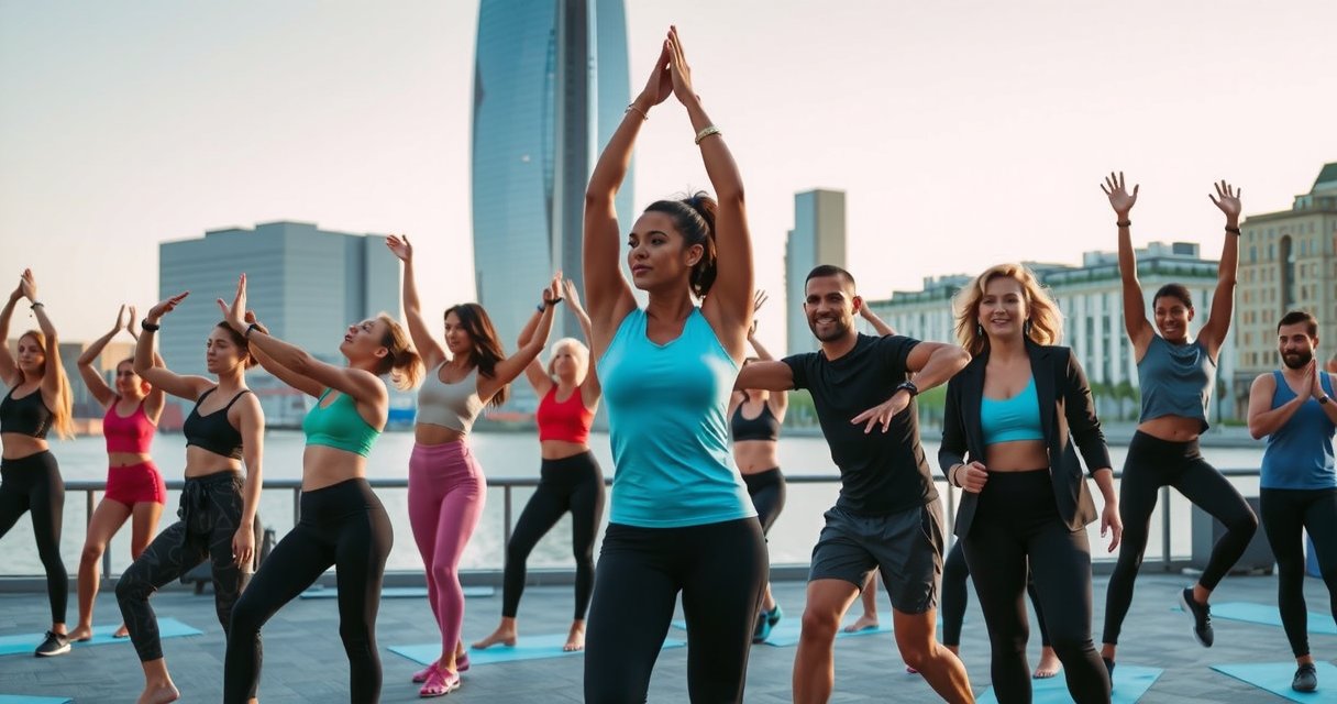 Dynamic fitness collage showing diverse activities in The Hague, including yoga, HIIT, and community events