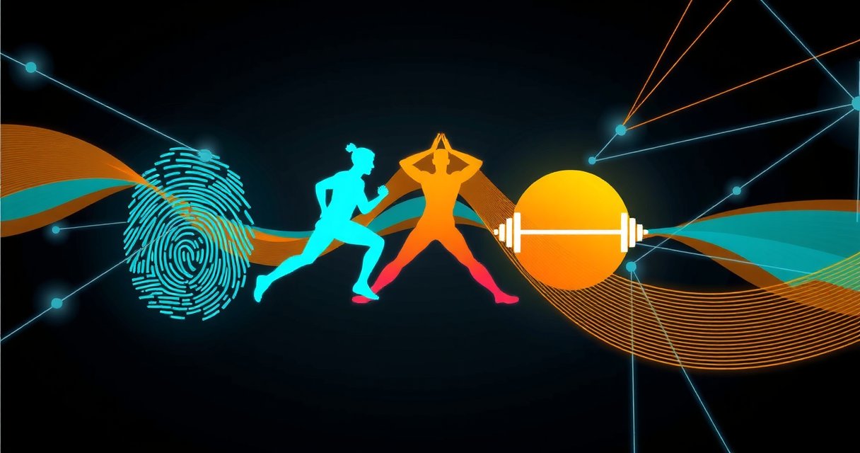 Abstract evolving fitness fingerprint graphic in teal and blue