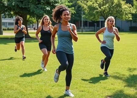 Energetic group HIIT workout in an urban park in The Hague, diverse participants sweating and smiling