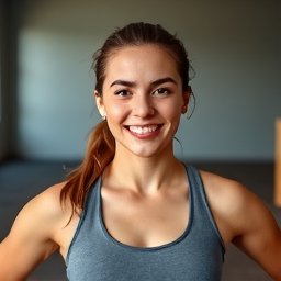 Portrait of Sarah, a young professional smiling confidently after a workout